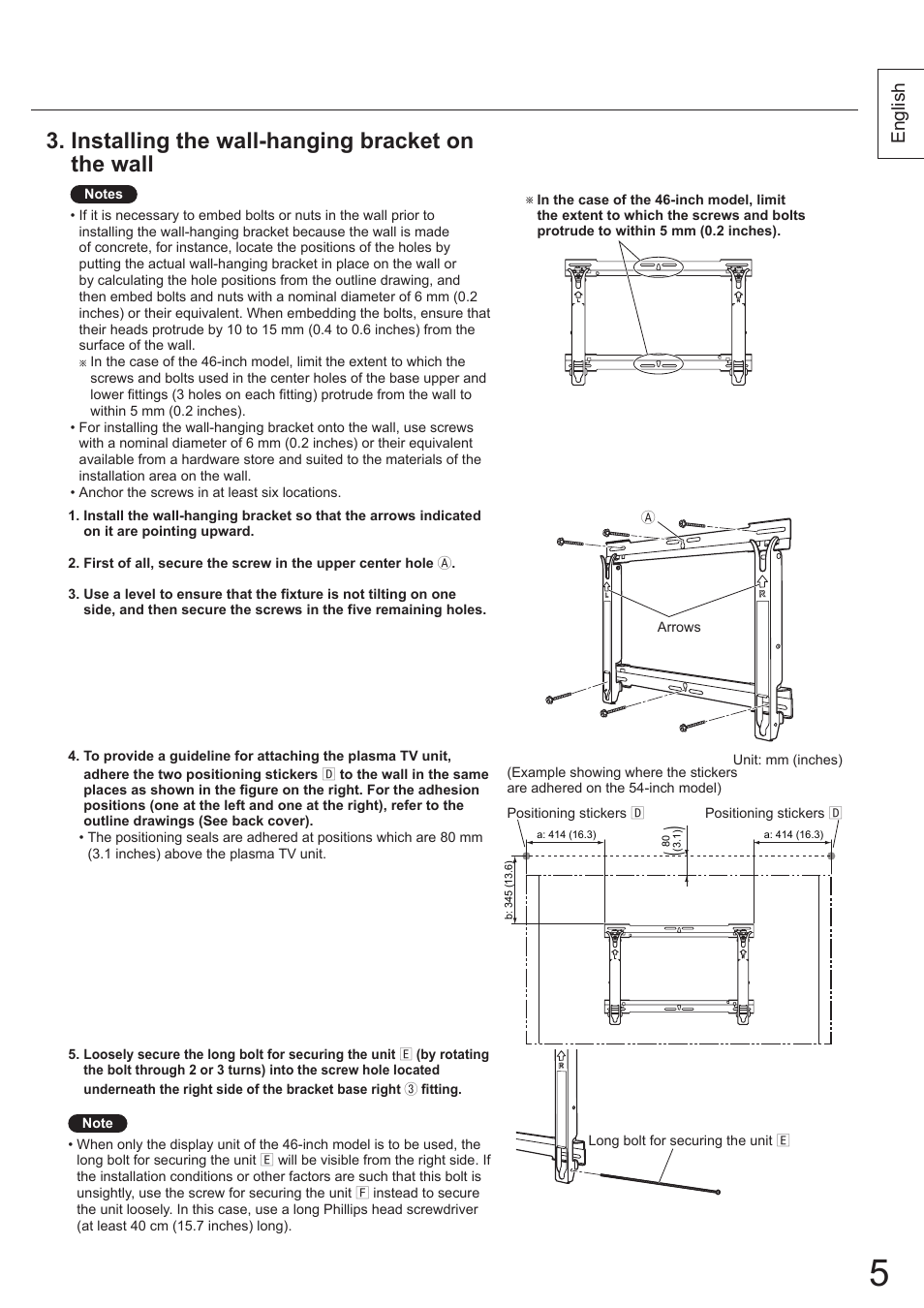 Installing the wall-hanging bracket on the wall, English | Panasonic TYWK5P1SW User Manual | Page 5 / 80