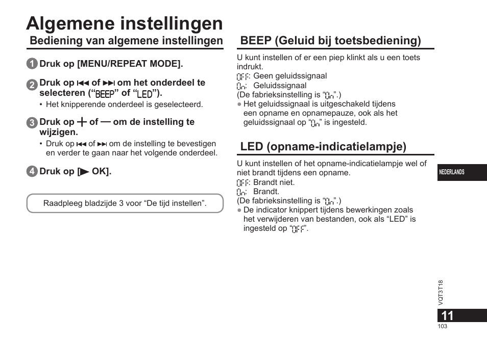 Algemene instellingen, Bediening van algemene instellingen, Beep (geluid bij toetsbediening) | Led (opname-indicatielampje) | Panasonic RRUS300E User Manual | Page 103 / 136