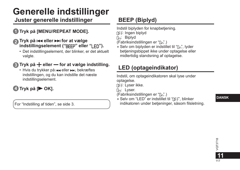 Generelle indstillinger, Juster generelle indstillinger, Beep (biplyd) | Led (optageindikator) | Panasonic RRUS300E User Manual | Page 117 / 136