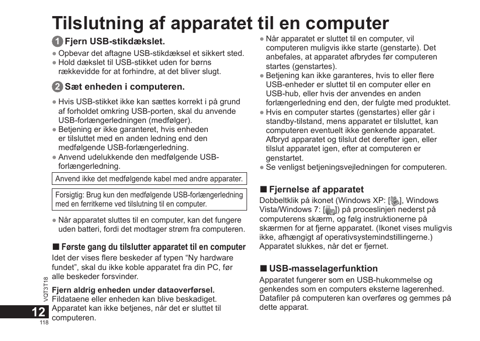 Tilslutning af apparatet til en computer | Panasonic RRUS300E User Manual | Page 118 / 136