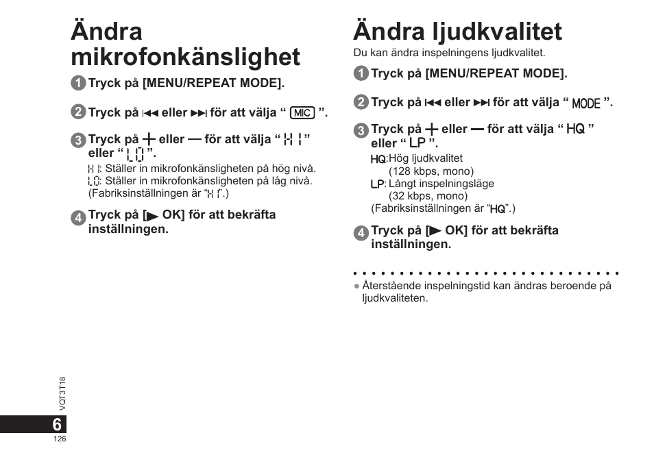 Ändra mikrofonkänslighet ändra ljudkvalitet | Panasonic RRUS300E User Manual | Page 126 / 136