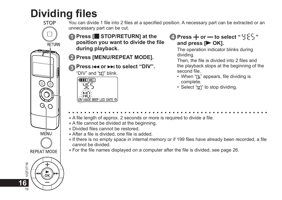 Dividing files | Panasonic RRUS300E User Manual | Page 16 / 136