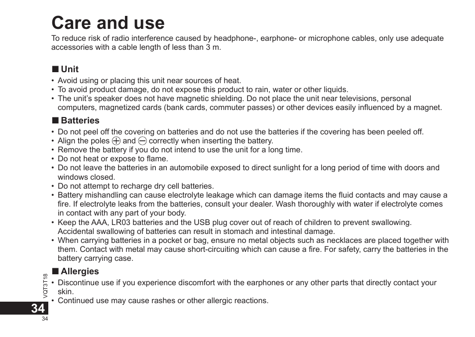 Care and use | Panasonic RRUS300E User Manual | Page 34 / 136