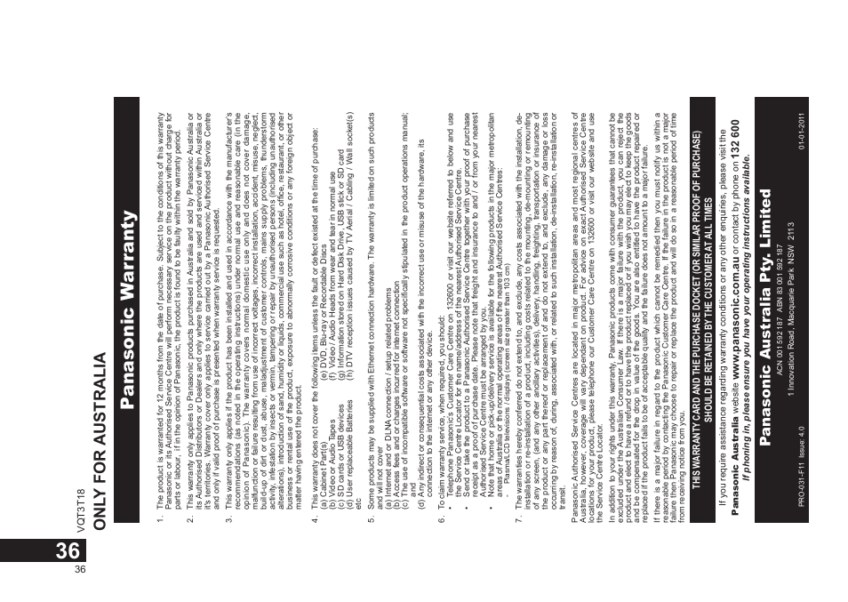 Panasonic w ar ranty, Onl y for australia, Panasonic a ustr alia pty . limited | Panasonic RRUS300E User Manual | Page 36 / 136
