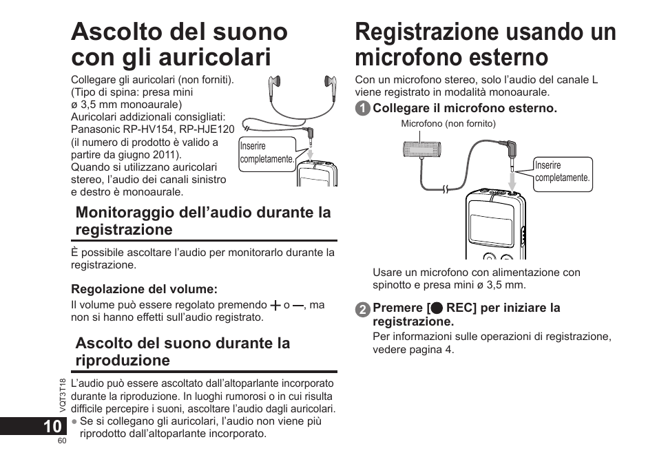 Ascolto del suono con gli auricolari, Registrazione usando un microfono esterno | Panasonic RRUS300E User Manual | Page 60 / 136