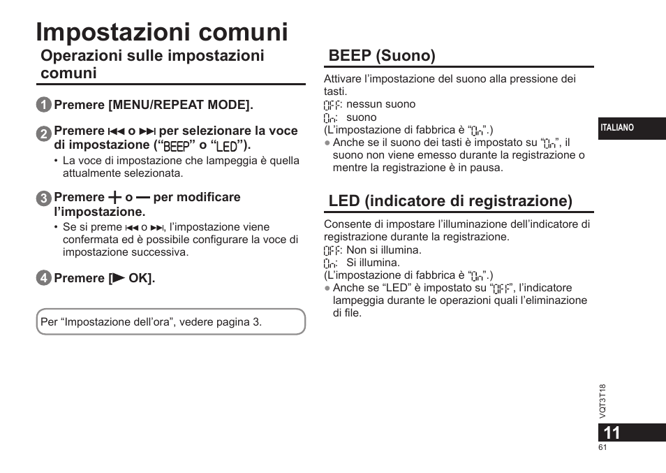 Impostazioni comuni, Operazioni sulle impostazioni comuni, Beep (suono) | Led (indicatore di registrazione) | Panasonic RRUS300E User Manual | Page 61 / 136