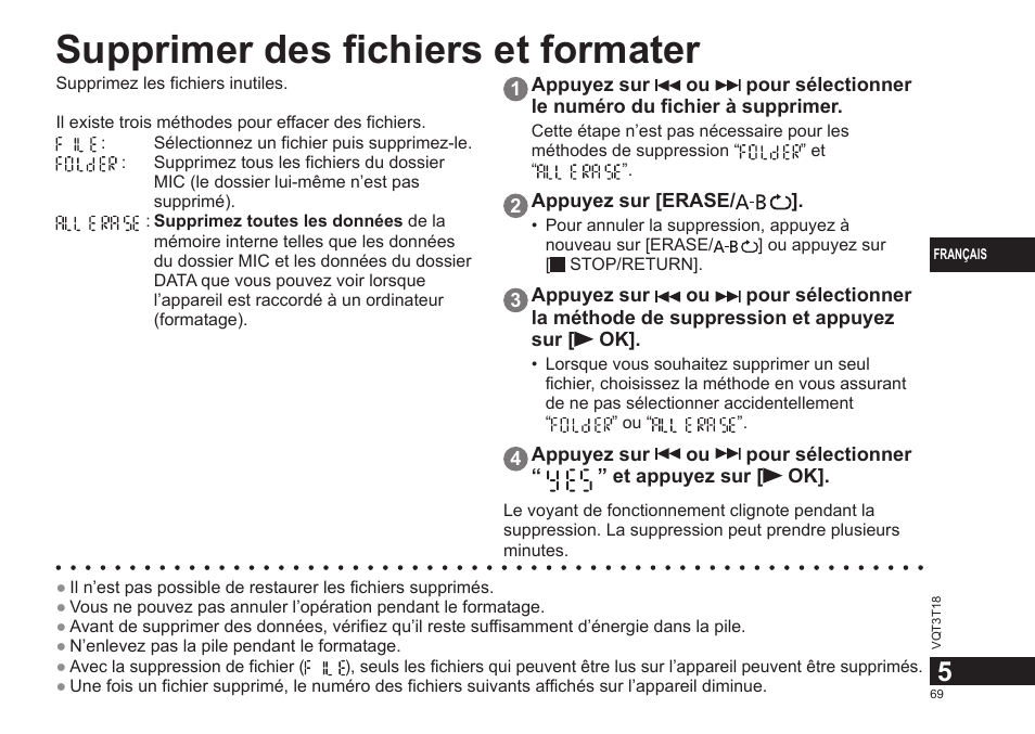 Supprimer des fichiers et formater | Panasonic RRUS300E User Manual | Page 69 / 136