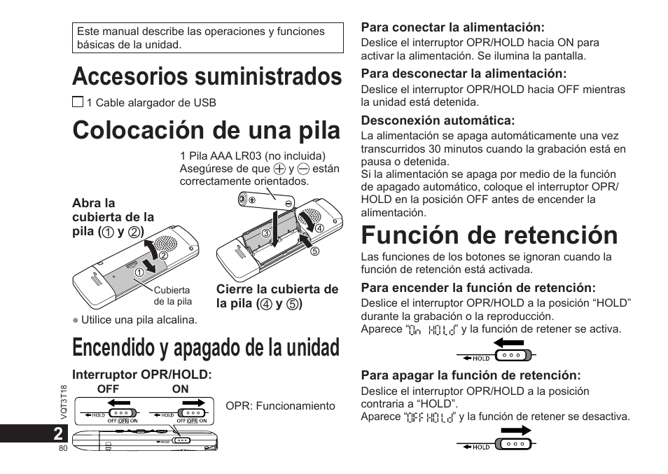 Accesorios suministrados, Colocación de una pila, Encendido y apagado de la unidad | Función de retención | Panasonic RRUS300E User Manual | Page 80 / 136