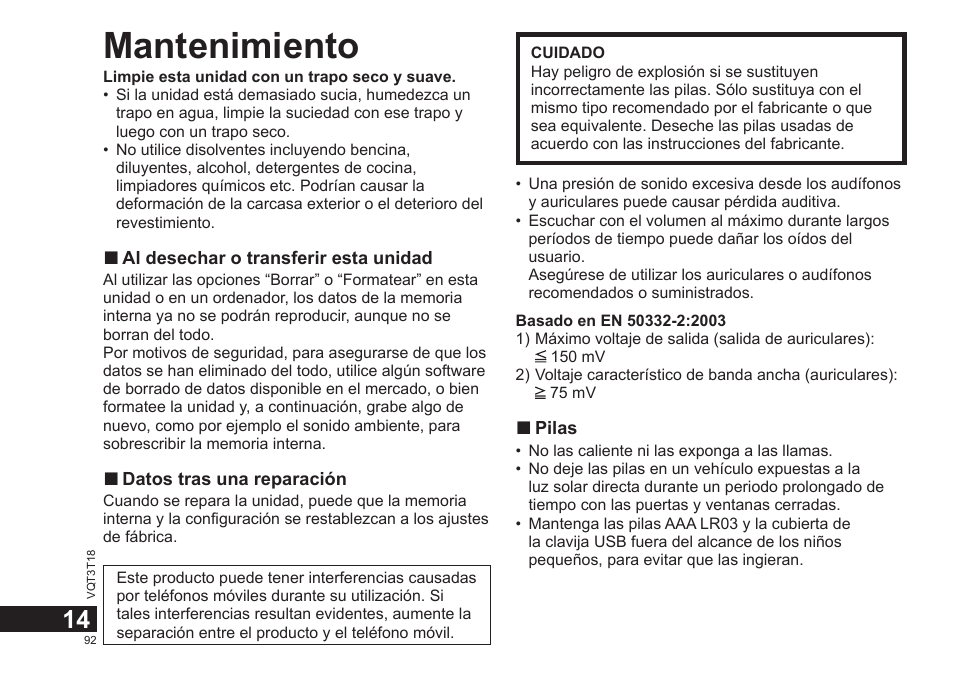 Mantenimiento | Panasonic RRUS300E User Manual | Page 92 / 136