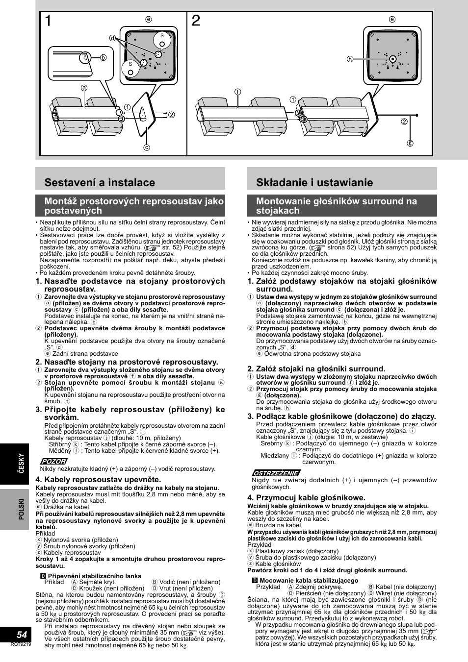 Sestavení a instalace, Składanie i ustawianie, Montáž prostorových reprosoustav jako postavených | Montowanie głośników surround na stojakach | Panasonic SBTP1000 User Manual | Page 54 / 68