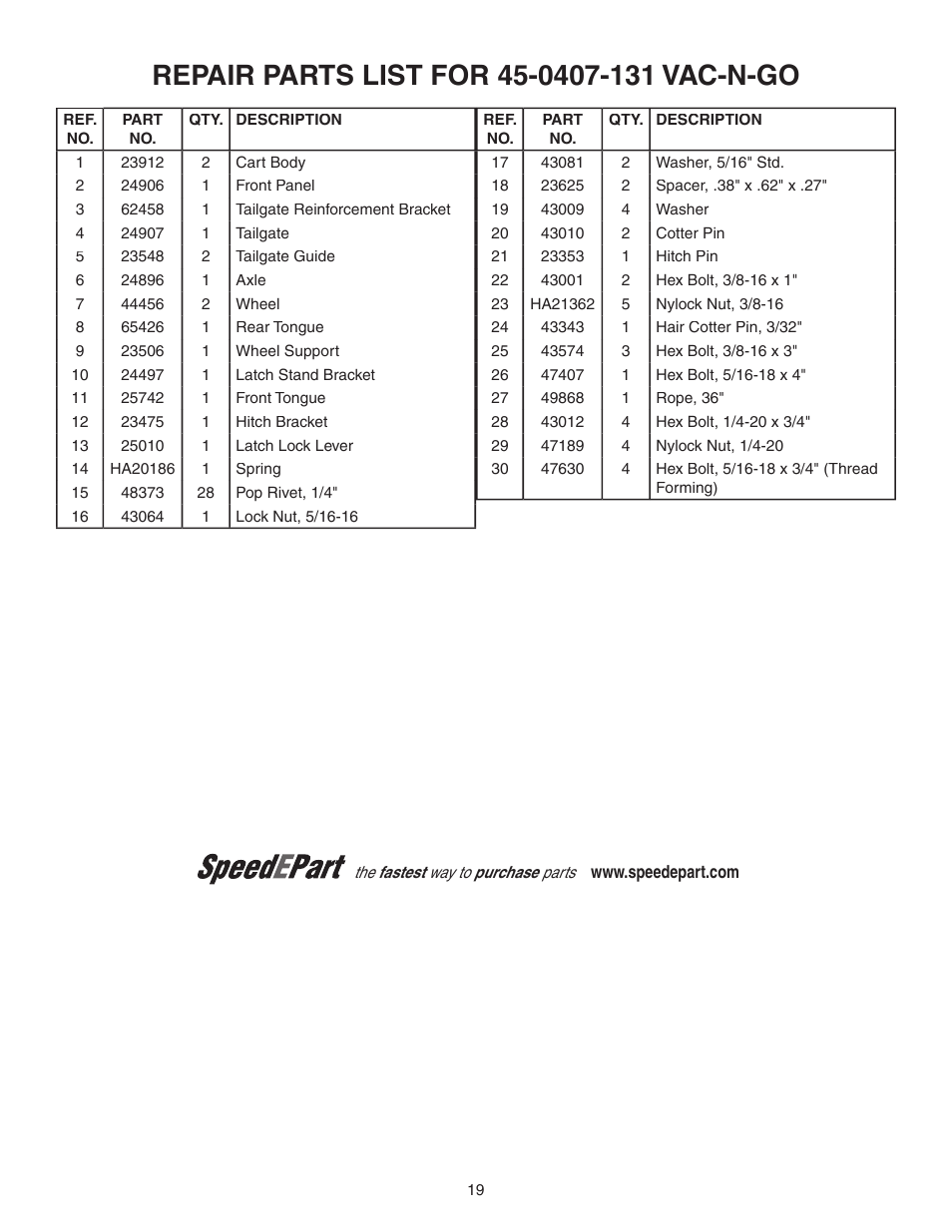 Repair parts list for 45-0407-131 vac-n-go, Speeiepart, Repair | Parts, List | Agri-Fab Vac-N-Go 45-0407-131 User Manual | Page 2 / 5