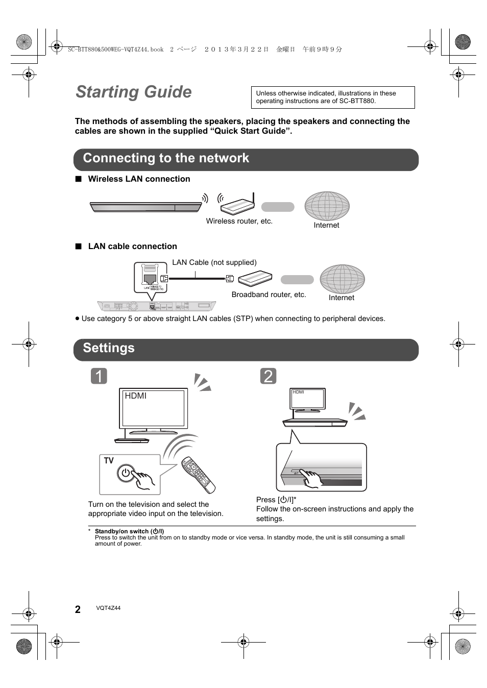Starting guide, Connecting to the network, Settings | Panasonic SCBTT880EG User Manual | Page 2 / 84