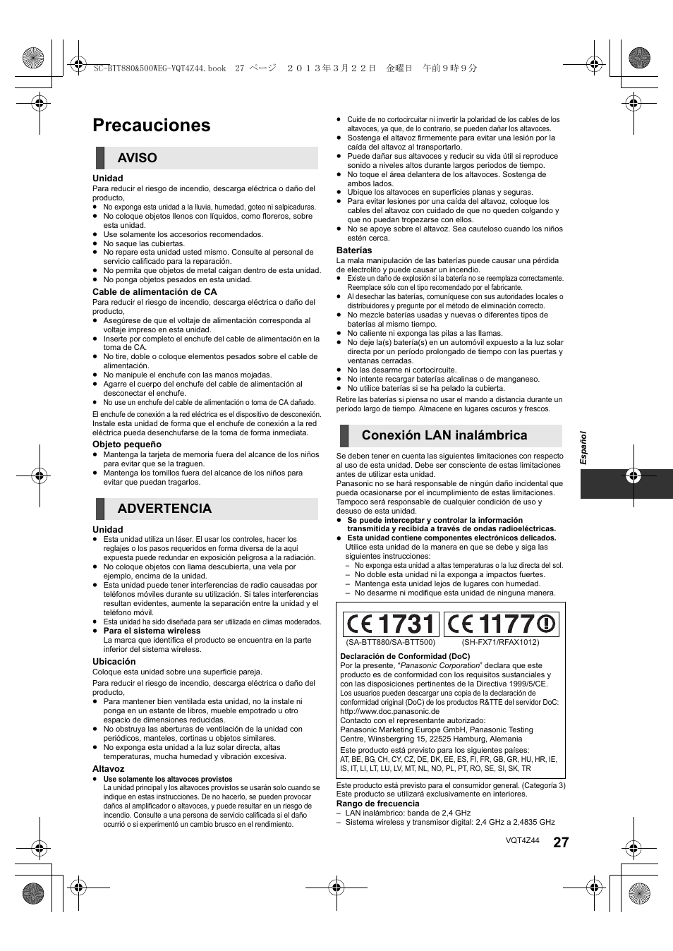 Precauciones, Aviso advertencia conexión lan inalámbrica | Panasonic SCBTT880EG User Manual | Page 27 / 84