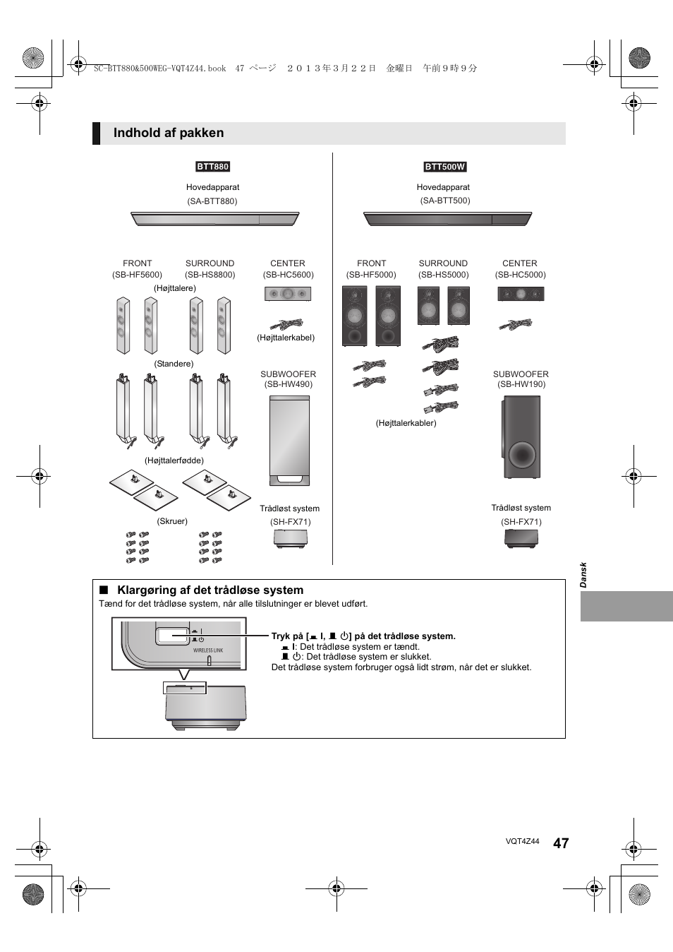 Indhold af pakken, Klargøring af det trådløse system | Panasonic SCBTT880EG User Manual | Page 47 / 84