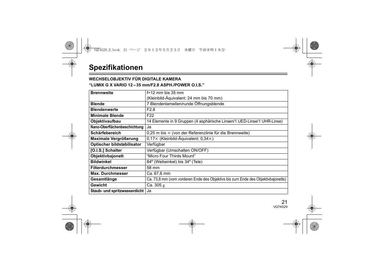 Spezifikationen | Panasonic HHS12035E User Manual | Page 21 / 72