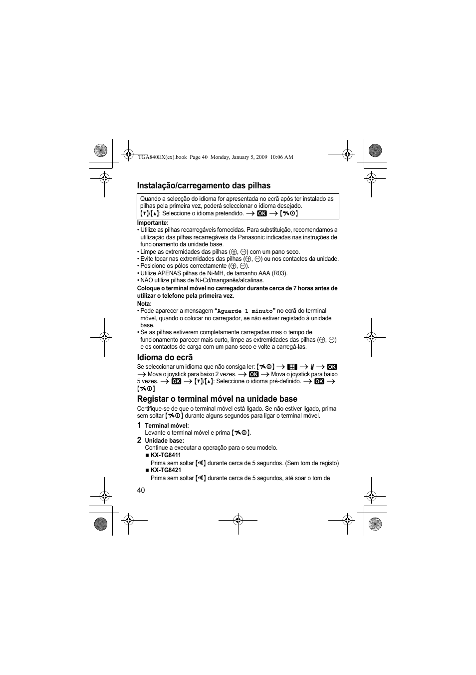 Instalação/carregamento das pilhas, Idioma do ecrã, Registar o terminal móvel na unidade base | Panasonic KXTGA840EX User Manual | Page 40 / 76