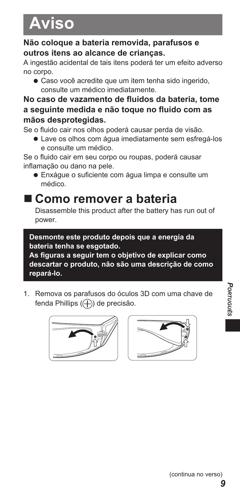Aviso, Como remover a bateria | Panasonic TYEW3D3LE User Manual | Page 107 / 208