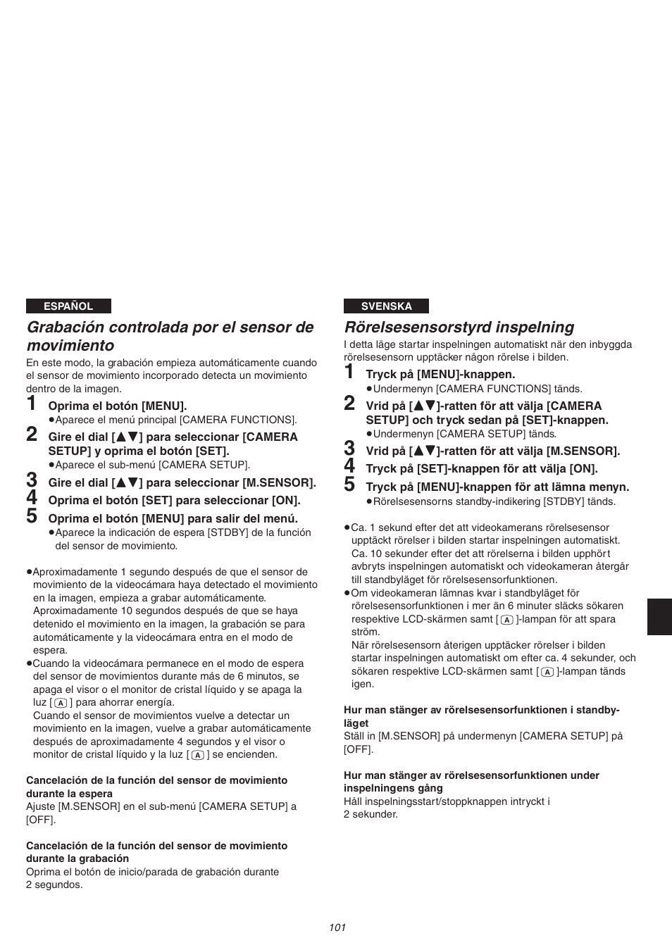 Grabación controlada por el sensor de movimiento, Rörelsesensorstyrd inspelning | Panasonic NVVS4EG User Manual | Page 101 / 188