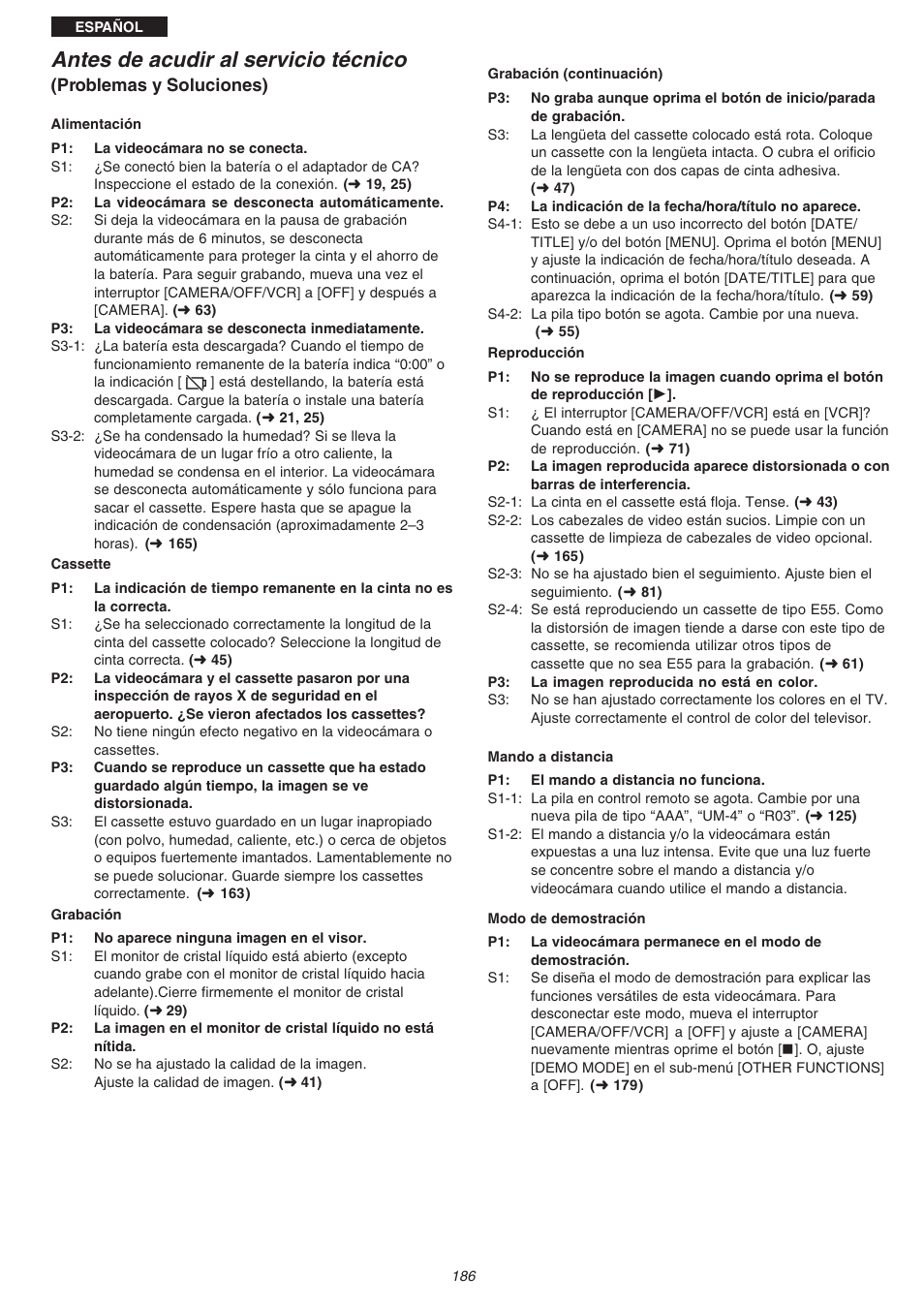 Antes de acudir al servicio técnico, Problemas y soluciones) | Panasonic NVVS4EG User Manual | Page 186 / 188