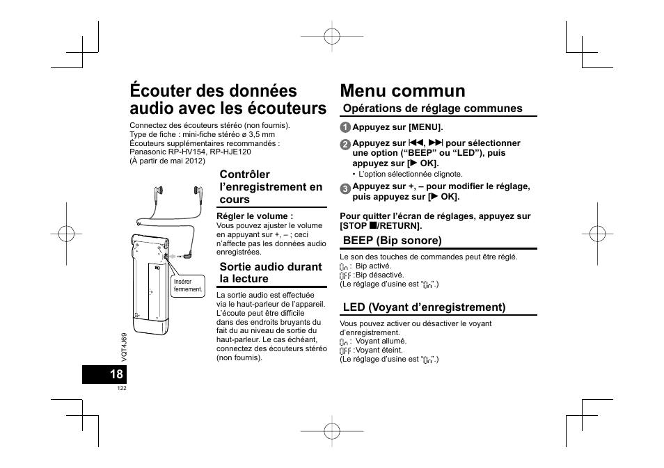 Écouter des données audio avec les écouteurs, Menu commun | Panasonic RRXS350E User Manual | Page 122 / 178