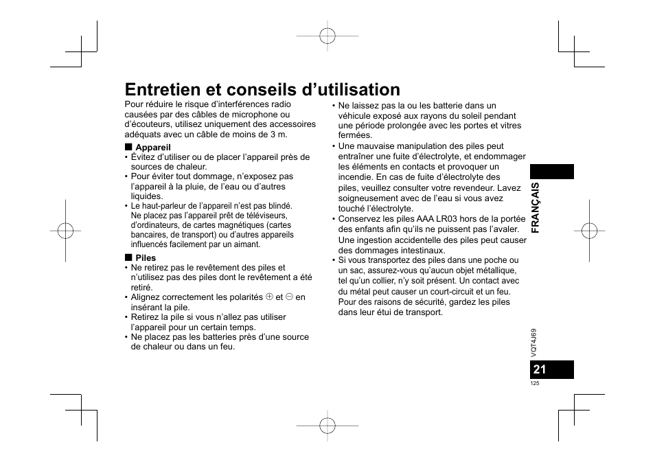 Entretien et conseils d’utilisation | Panasonic RRXS350E User Manual | Page 125 / 178