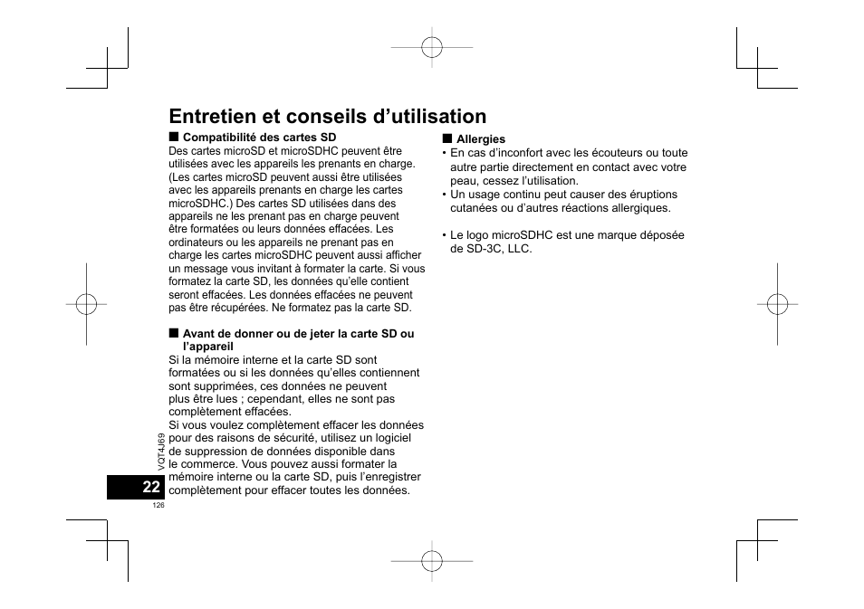 Entretien et conseils d’utilisation | Panasonic RRXS350E User Manual | Page 126 / 178