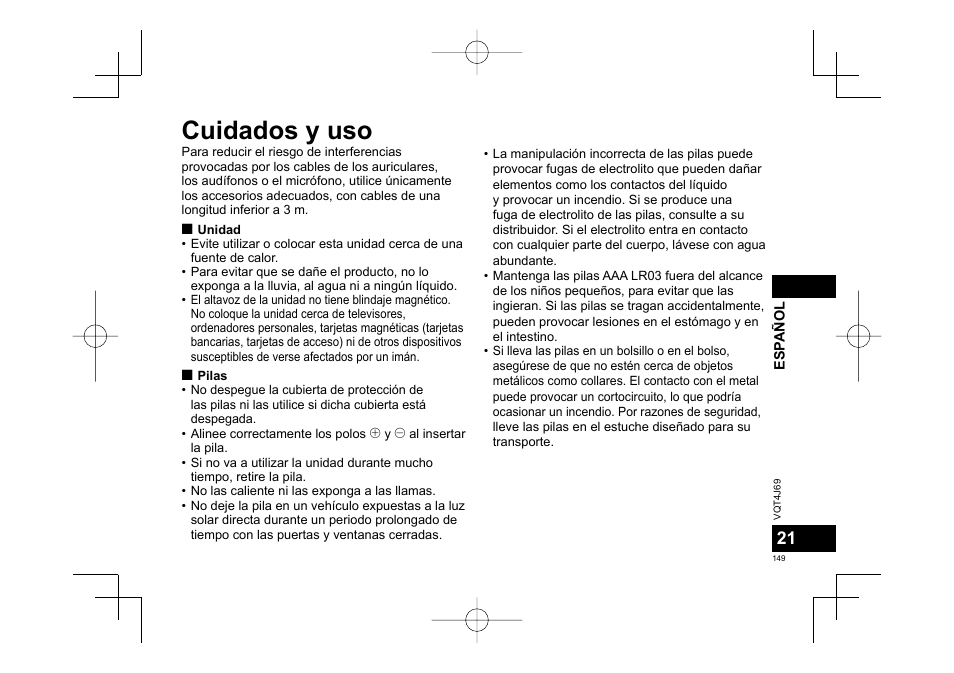 Cuidados y uso | Panasonic RRXS350E User Manual | Page 149 / 178