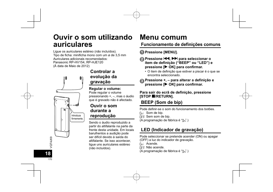 Ouvir o som utilizando auriculares, Menu comum | Panasonic RRXS350E User Manual | Page 170 / 178