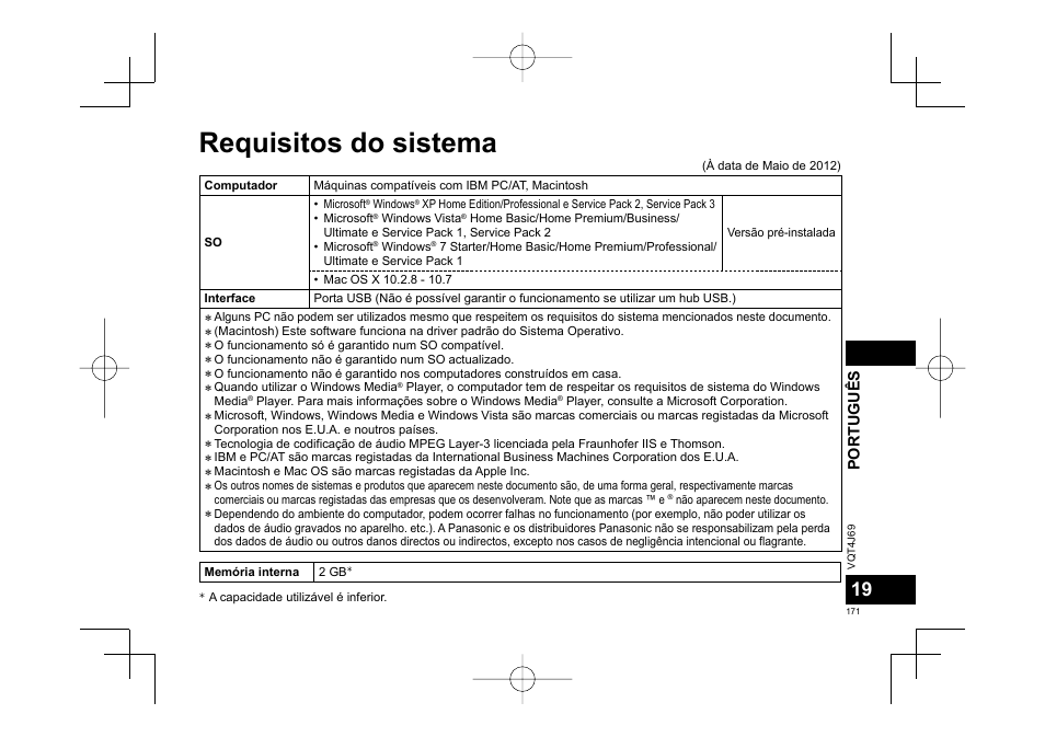 Requisitos do sistema | Panasonic RRXS350E User Manual | Page 171 / 178