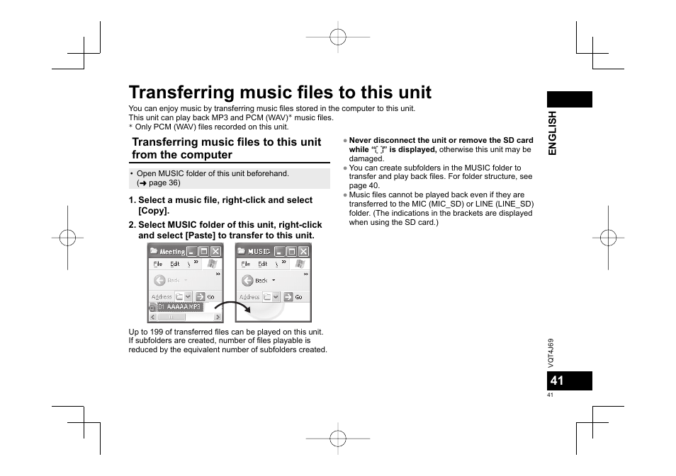 Transferring music files to this unit | Panasonic RRXS350E User Manual | Page 41 / 178