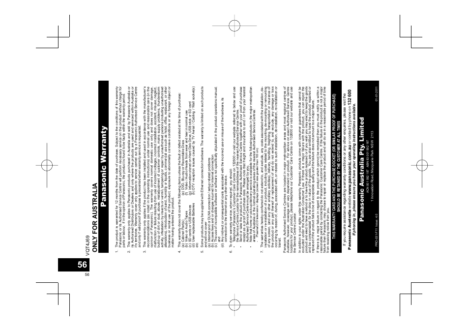 Panasonic w ar ranty, Onl y for australia, Panasonic a ustr alia pty . limited | Panasonic RRXS350E User Manual | Page 56 / 178