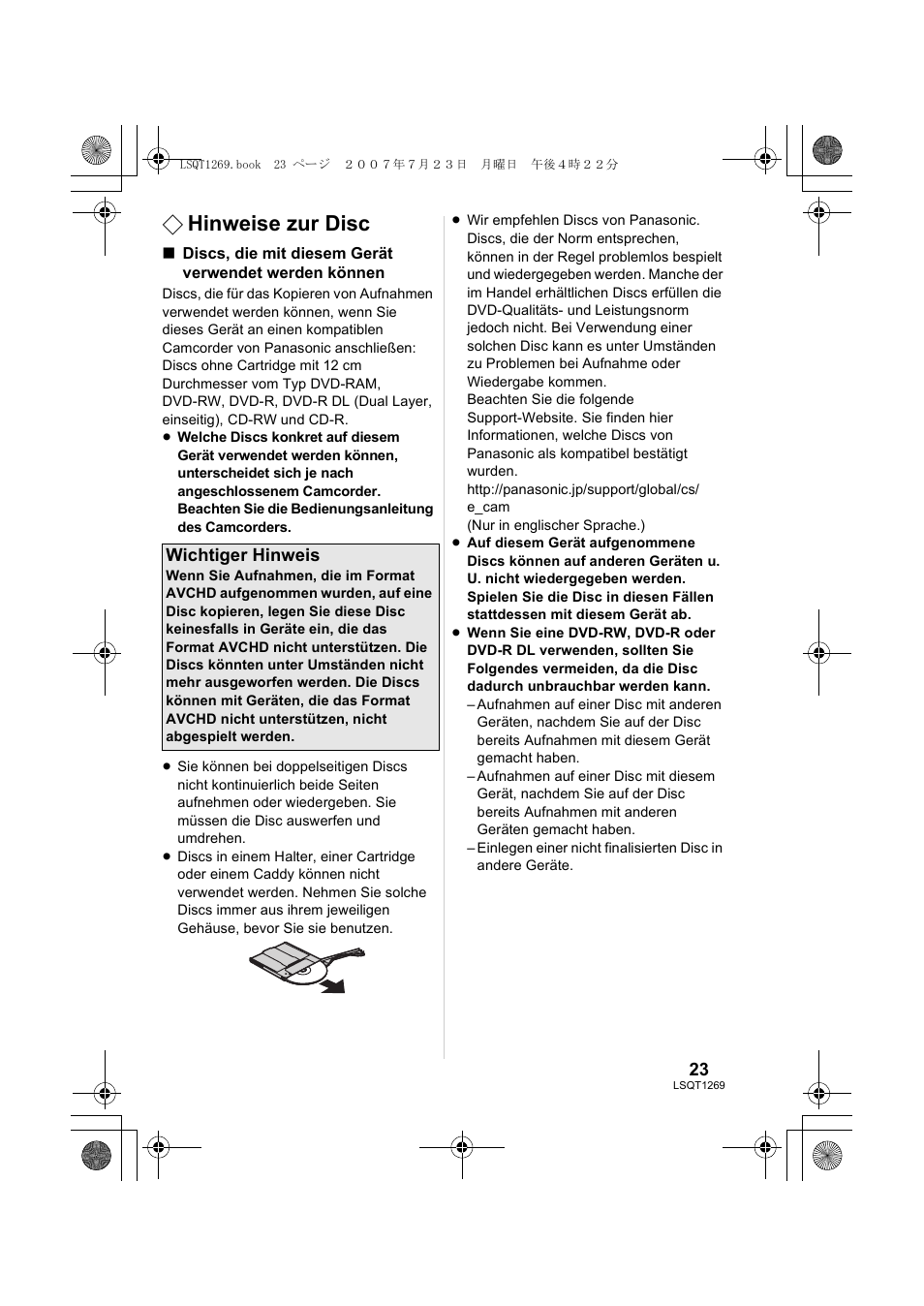 Hinweise zur disc | Panasonic VWBN1 User Manual | Page 23 / 104