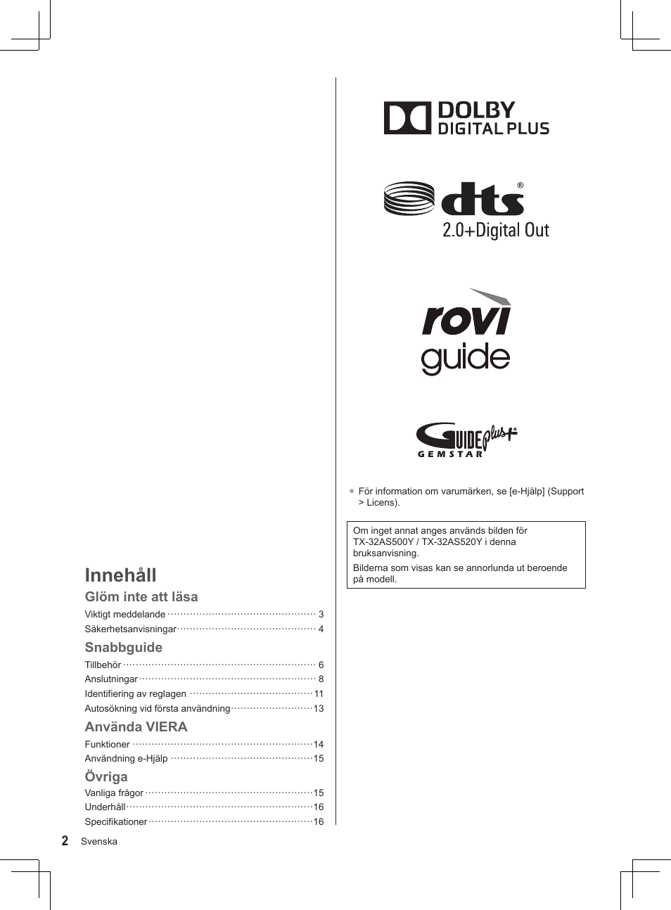 Innehåll, Glöm inte att läsa, Snabbguide | Använda viera, Övriga | Panasonic TX32AS500Y User Manual | Page 122 / 140