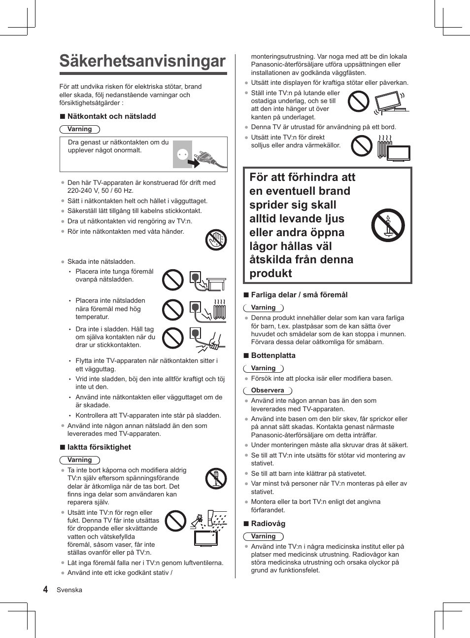 Säkerhetsanvisningar | Panasonic TX32AS500Y User Manual | Page 124 / 140