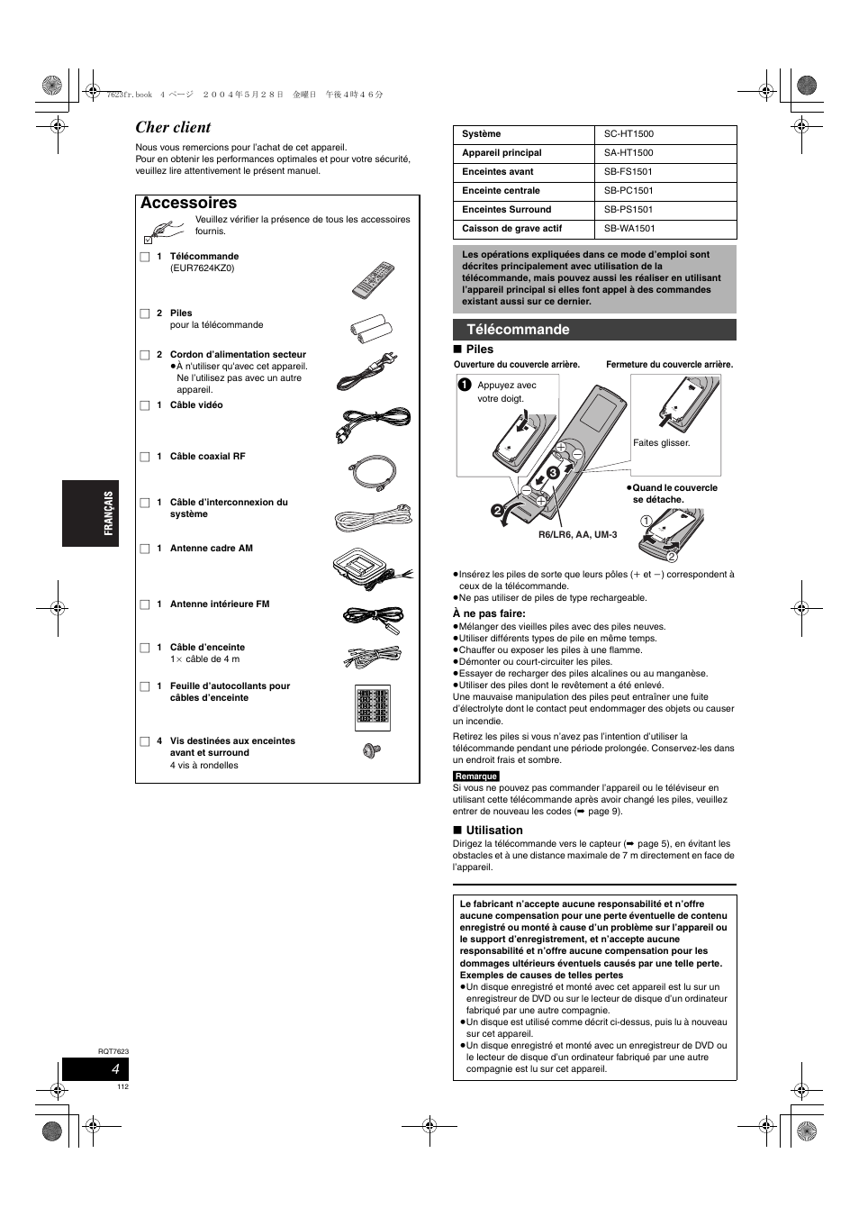 Cher client, Accessoires, Télécommande | Panasonic SCHT1500 User Manual | Page 112 / 164