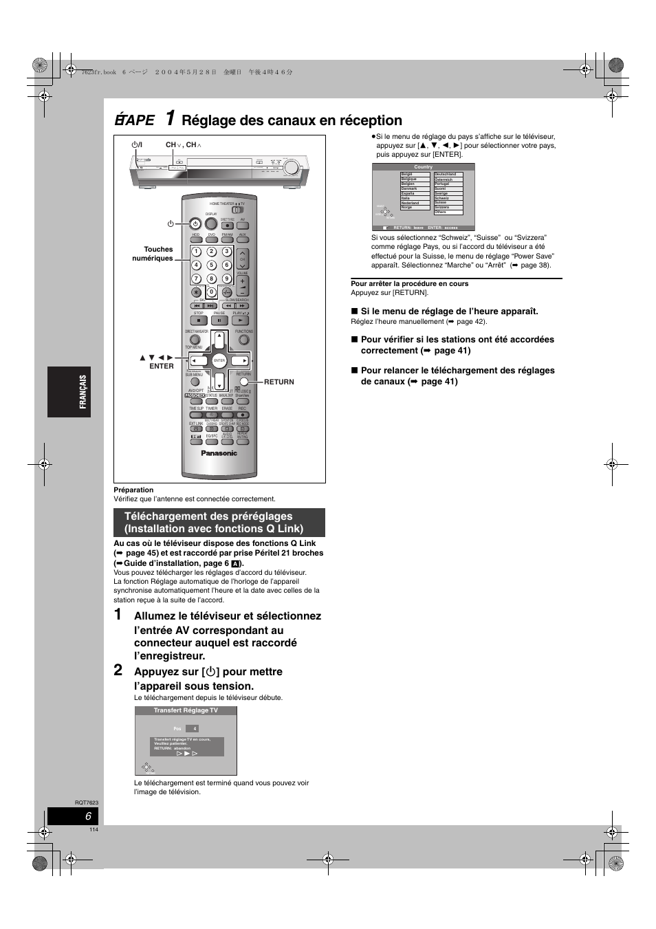 Étape, Réglage des canaux en réception, Si le menu de réglage de l’heure apparaît | Panasonic SCHT1500 User Manual | Page 114 / 164