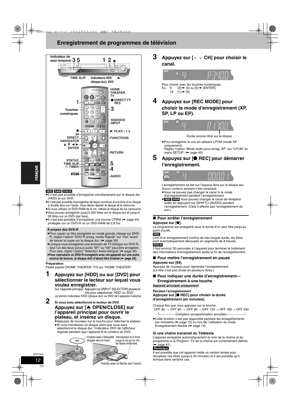 Enregistrement de programmes de télévision, Appuyez sur [ w x ch] pour choisir le canal | Panasonic SCHT1500 User Manual | Page 120 / 164