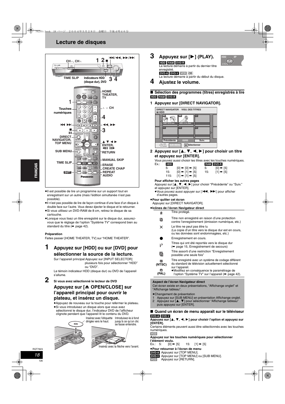 Lecture de disques, Appuyez sur [ 1 ] (play), Ajustez le volume | Quand un écran de menu apparaît sur le téléviseur | Panasonic SCHT1500 User Manual | Page 126 / 164