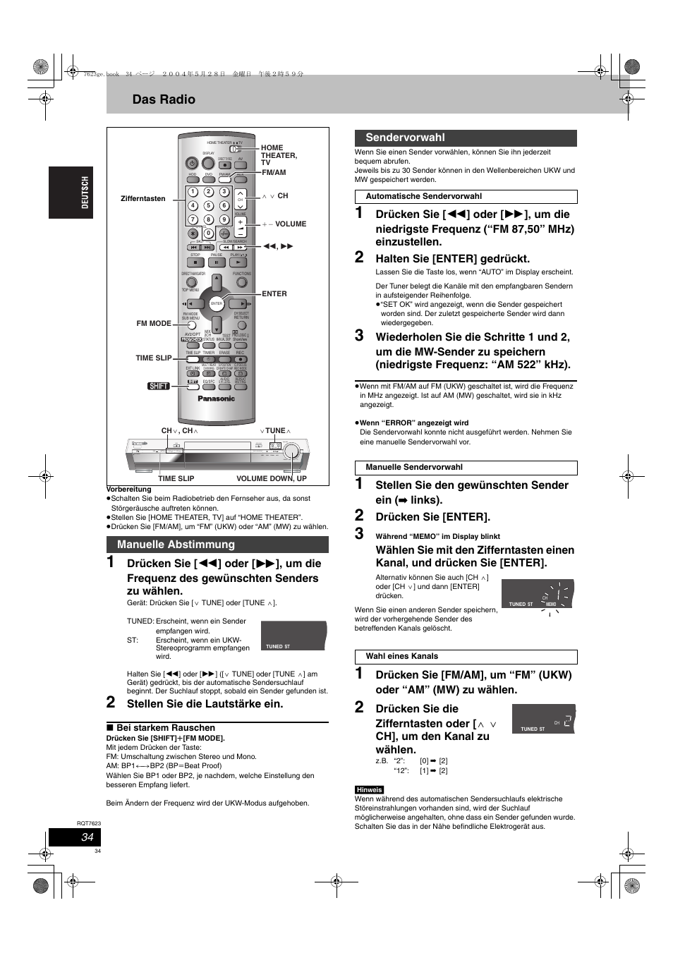 Das radio, Stellen sie die lautstärke ein, Halten sie [enter] gedrückt | Stellen sie den gewünschten sender ein ( · links), Drücken sie [enter, Manuelle abstimmung, Sendervorwahl | Panasonic SCHT1500 User Manual | Page 34 / 164