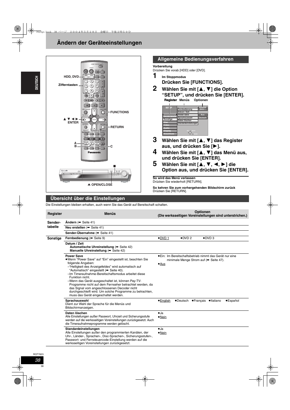 Ändern der geräteeinstellungen, Drücken sie [functions, Allgemeine bedienungsverfahren | Übersicht über die einstellungen | Panasonic SCHT1500 User Manual | Page 38 / 164