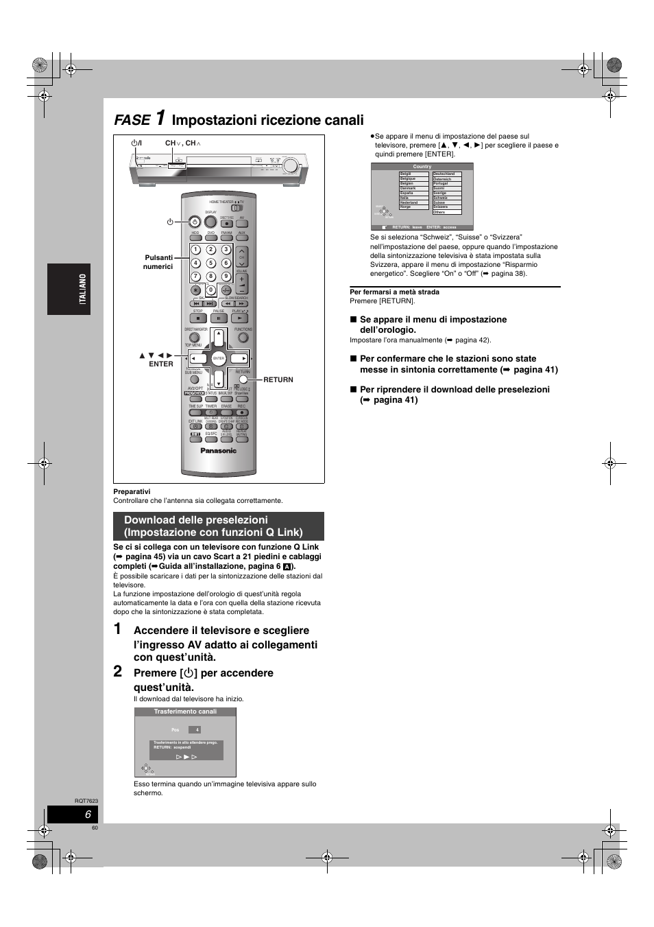 Fase, Impostazioni ricezione canali, Premere [ í ] per accendere quest’unità | Se appare il menu di impostazione dell’orologio | Panasonic SCHT1500 User Manual | Page 60 / 164