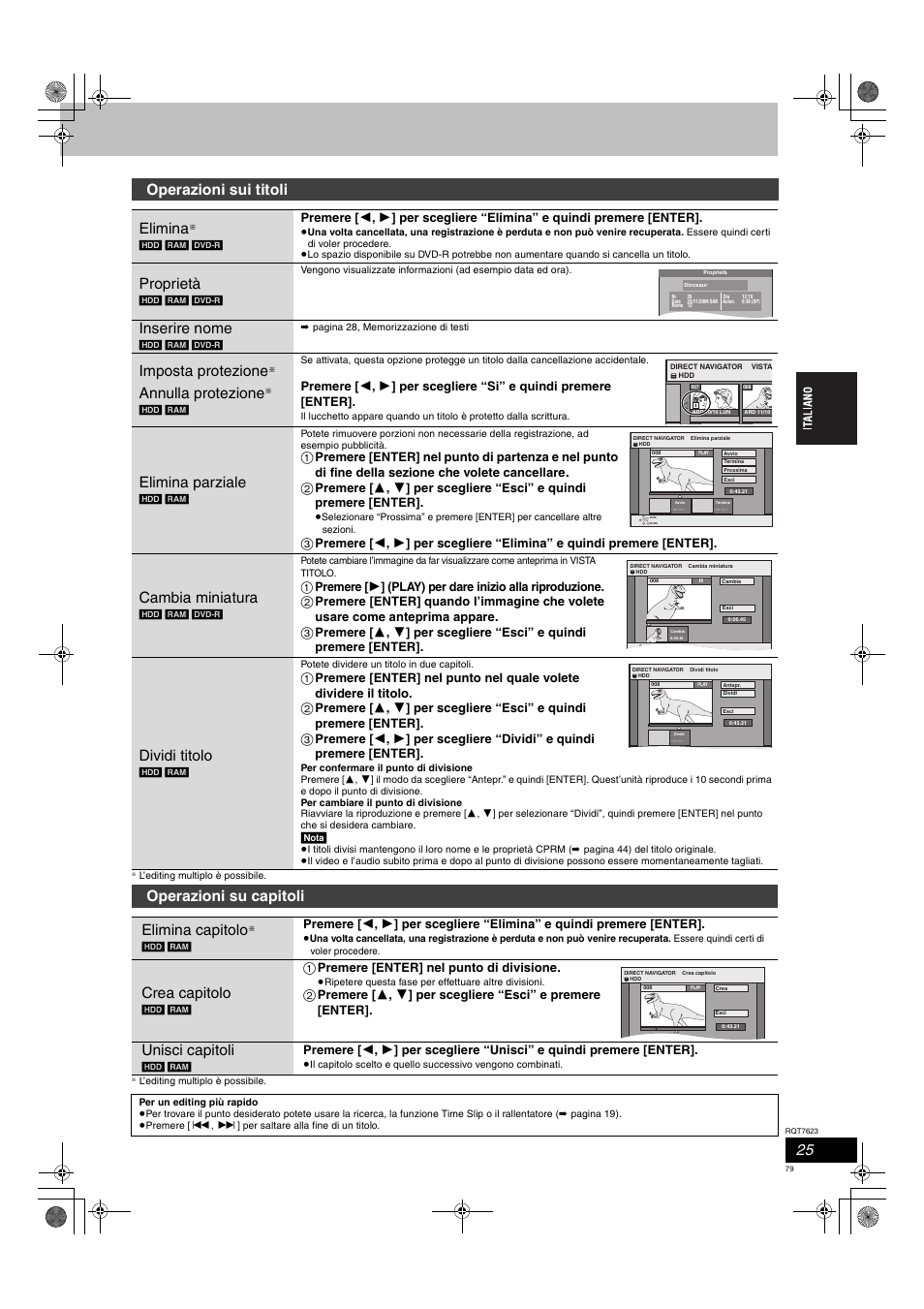 Operazioni sui titoli elimina, Proprietà, Inserire nome | Imposta protezione, Annulla protezione, Elimina parziale, Cambia miniatura, Dividi titolo, Operazioni su capitoli elimina capitolo, Crea capitolo | Panasonic SCHT1500 User Manual | Page 79 / 164