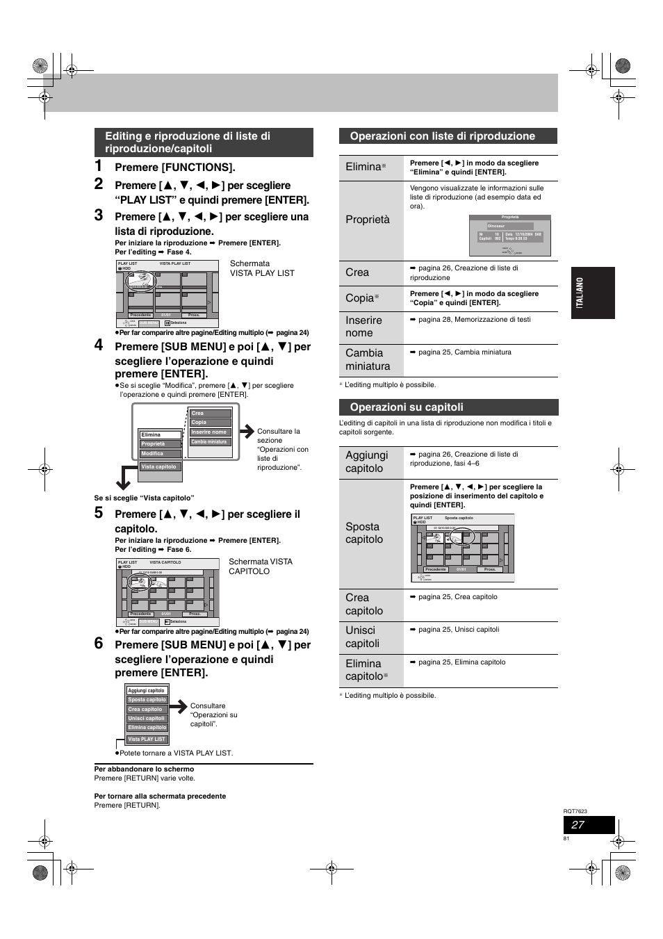 Premere [functions, Operazioni con liste di riproduzione elimina, Proprietà | Crea, Copia, Inserire nome, Cambia miniatura, Operazioni su capitoli aggiungi capitolo, Sposta capitolo, Crea capitolo | Panasonic SCHT1500 User Manual | Page 81 / 164