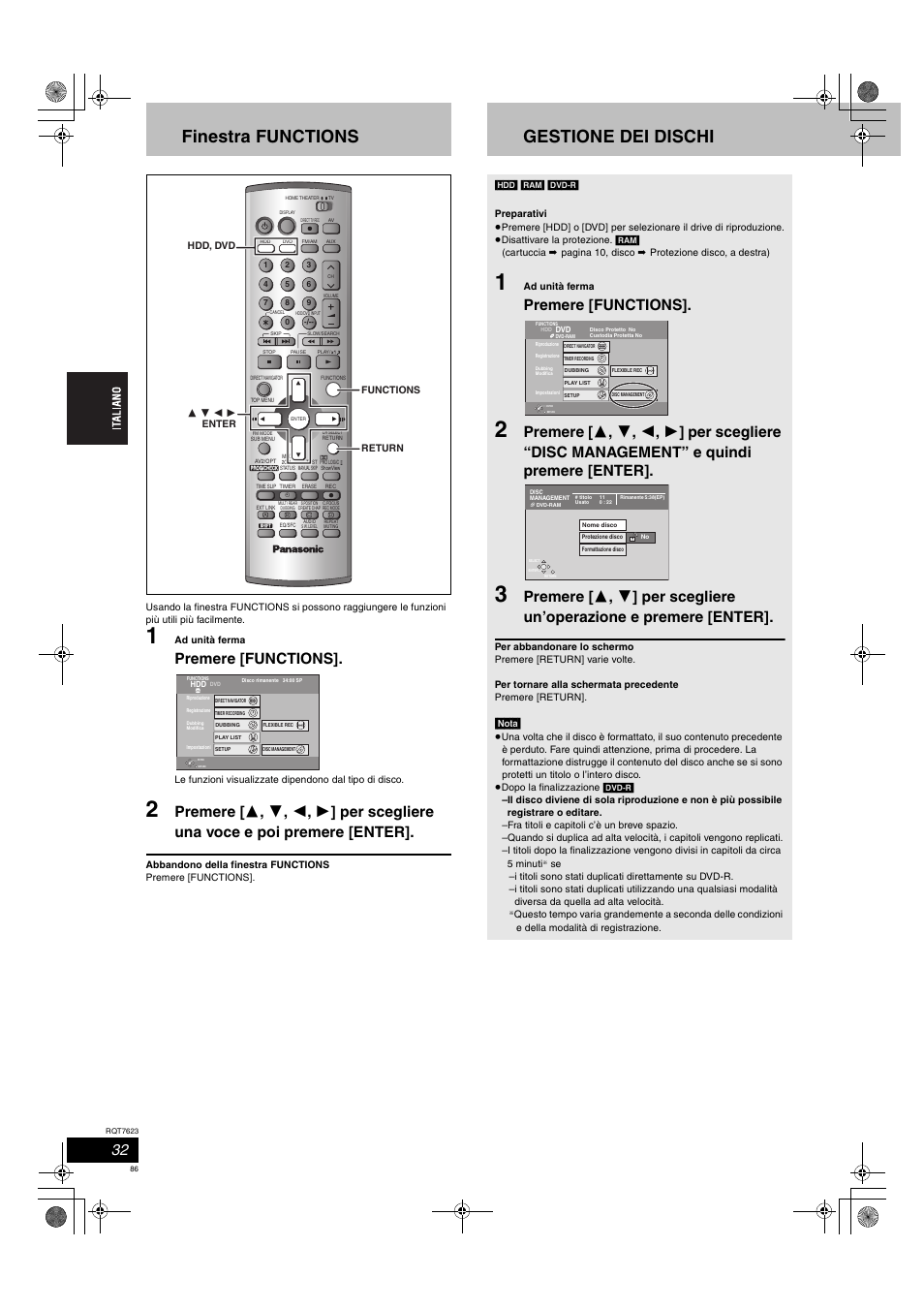 Finestra functions, Gestione dei dischi, Premere [functions | Nota | Panasonic SCHT1500 User Manual | Page 86 / 164