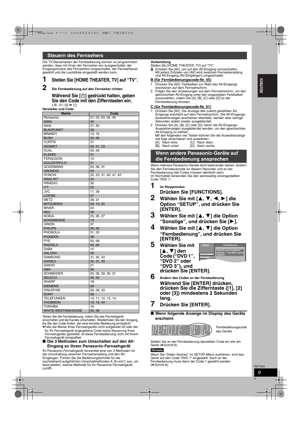 Stellen sie [home theater, tv] auf “tv, Drücken sie [functions, Drücken sie [enter | Steuern des fernsehers | Panasonic SCHT1500 User Manual | Page 9 / 164