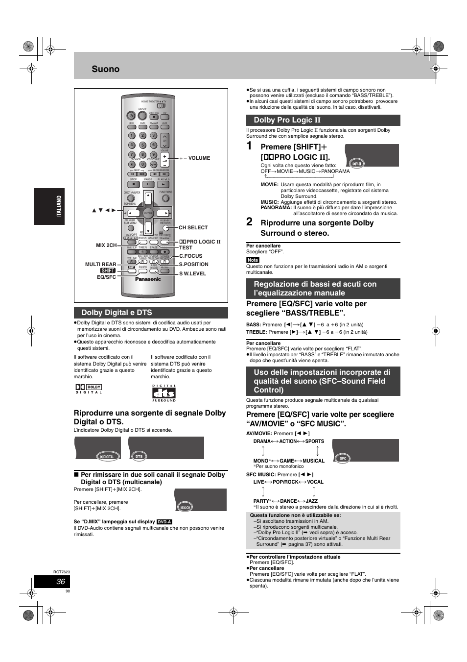 Suono, Premere [shift] r [ î pro logic ii, Riprodurre una sorgente dolby surround o stereo | Dolby digital e dts | Panasonic SCHT1500 User Manual | Page 90 / 164