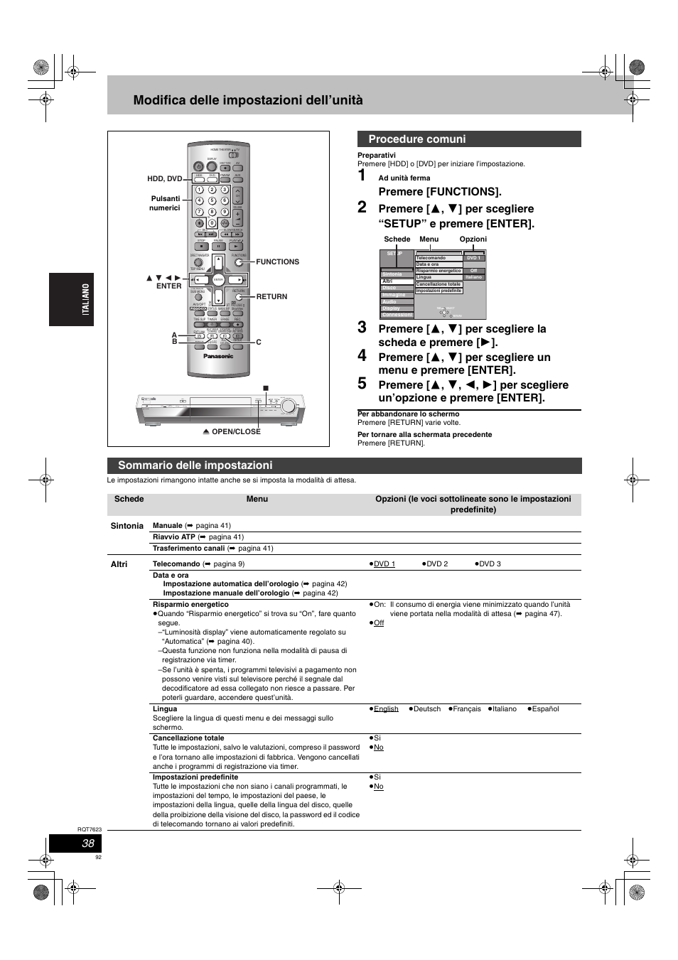 Modifica delle impostazioni dell’unità, Premere [functions, Procedure comuni | Sommario delle impostazioni | Panasonic SCHT1500 User Manual | Page 92 / 164