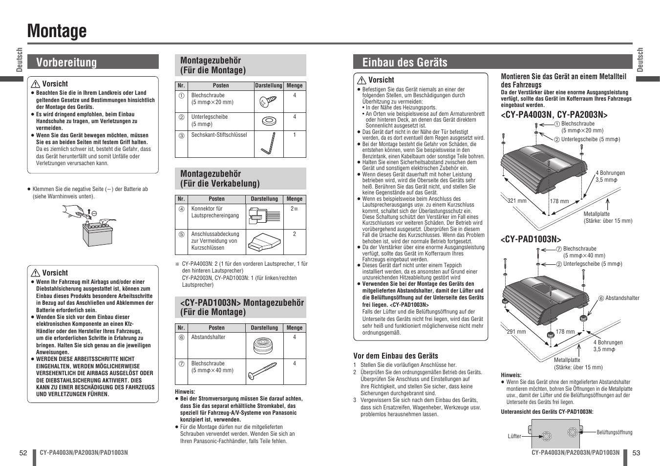 Montage, Vorbereitung, Einbau des geräts | Panasonic CYPA2003N User Manual | Page 27 / 82
