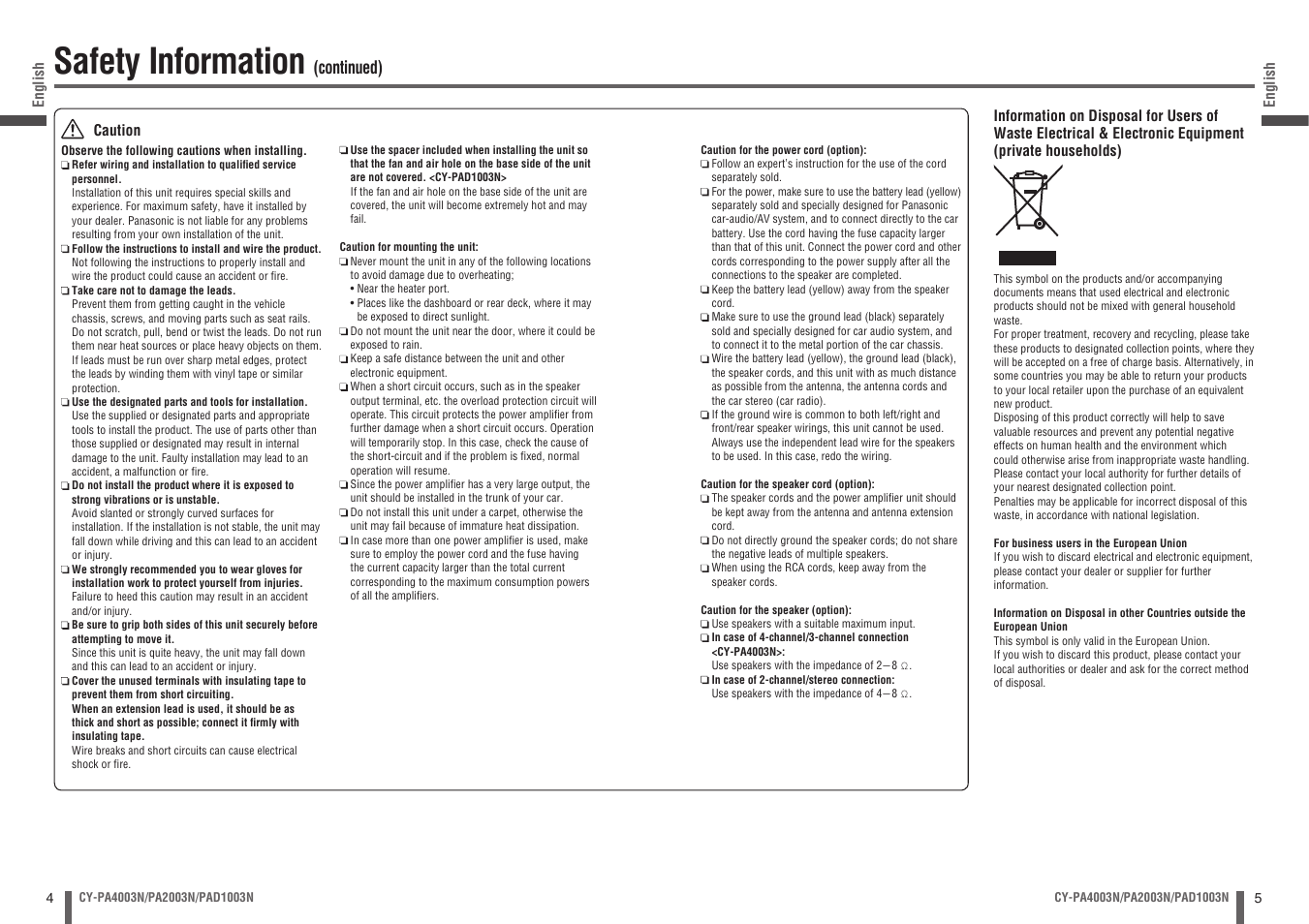Safety information, Continued) | Panasonic CYPA2003N User Manual | Page 3 / 82