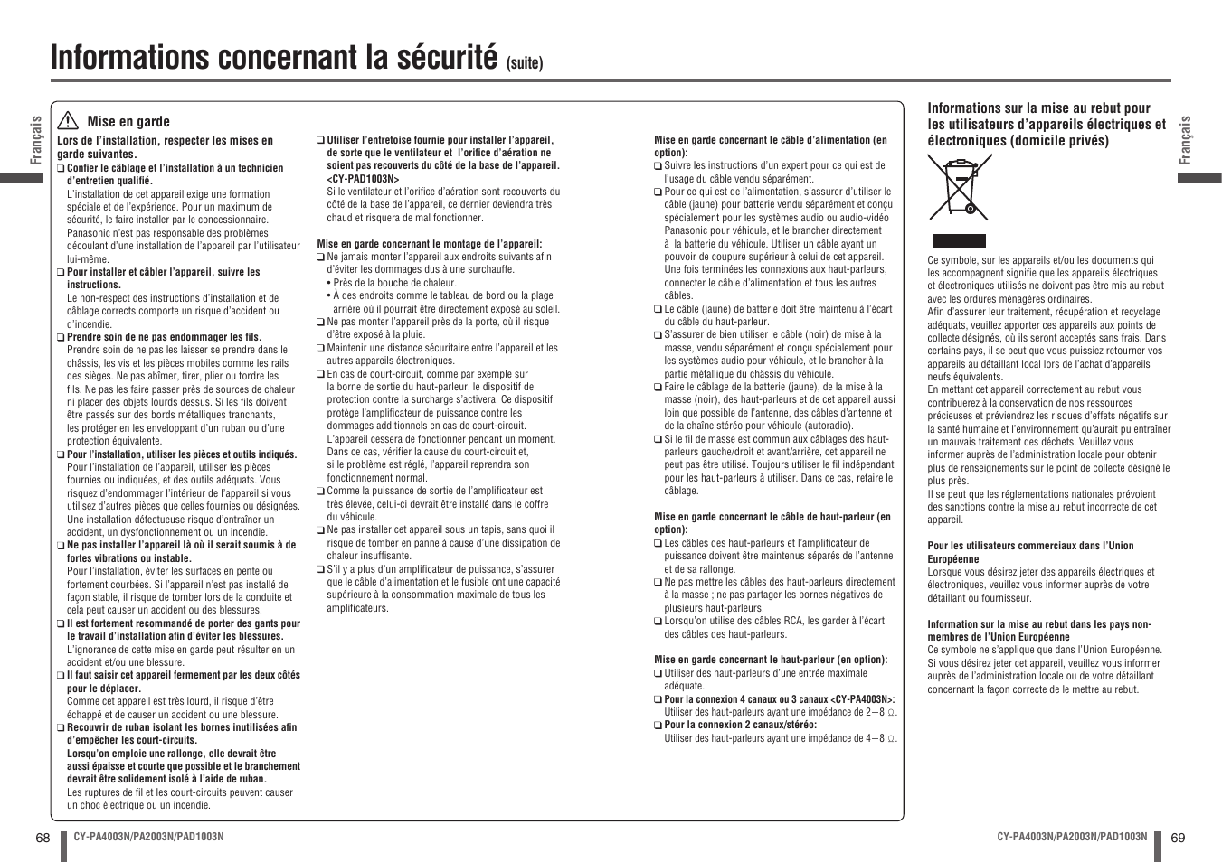 Informations concernant la sécurité, Suite) | Panasonic CYPA2003N User Manual | Page 35 / 82
